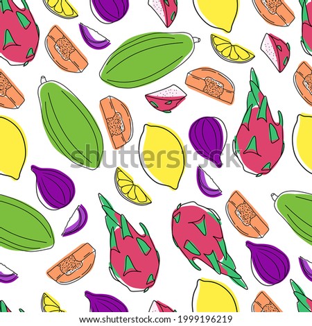 Seamless pattern with summer fruits, papaya, dragon fruit, figs, lemon, fruit slices icons, juicy and stylish design, for printing on textiles, packaging paper, stationery and personal design