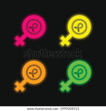 Breast Cancer four color glowing neon vector icon