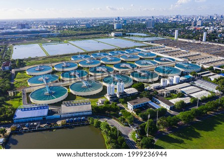 Aerial View of Drinking-Water Treatment. Microbiology of drinking water production and distribution, water treatment plant. Metropolitan waterworks authority. Royalty-Free Stock Photo #1999236944
