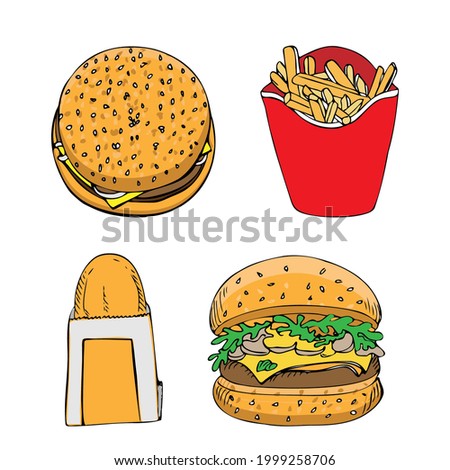 set of fast food fries fries burger cheeseburger potato pancakes