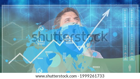 Data processing and world map on globe against businessman yawning over green technology background. computer interface and technology concept