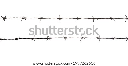 Old rusted black barbed wire fence. Security, isolated on white background.