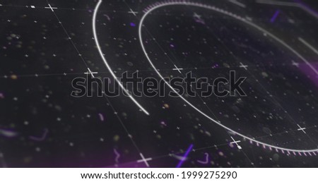 Image of glowing scope scanning and spinning with markers on black background. digital interface connection and communication concept digitally generated image.