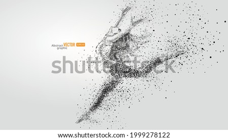 A dancing woman is composed of particles on gray background. Abstract vector sports background.
