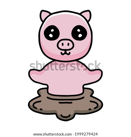 kawaii pig cartoon play in a mud. Design illustration for sticker and apparel