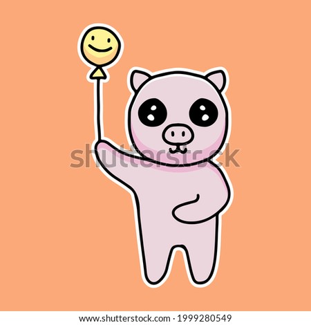 kawaii pig cartoon holding balloon. mascot illustration for sticker and apparel