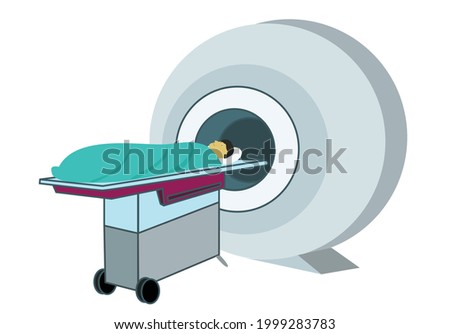 A person is being scanned by an MRI or Magnetic Resonance Imaging healthcare equipment. Editable Clip Art.