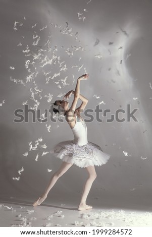 Weightlessness, tender. Young graceful beautiful woman, balerina in image of white swan with feathers in art performance isolated on white background. Side view.