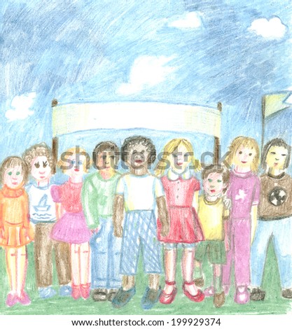 Illustration,template - a group of children. Hand painted wax crayons.