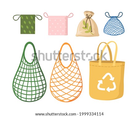 Eco shopping net bags flat vector illustration set. Drawing kit, tote and bulk bags for grocery shopping. Zero waste, plastic free, recycling, eco-friendly concept Royalty-Free Stock Photo #1999334114