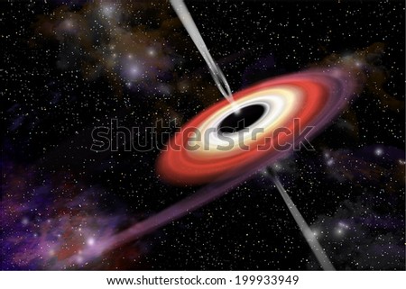 An artist's depiction of a black hole and it's accretion disk in interstellar space pulling in gas and dust from a nearby nebula. Gamma ray bursts exit at the black hole's poles and shoot into space. Royalty-Free Stock Photo #199933949