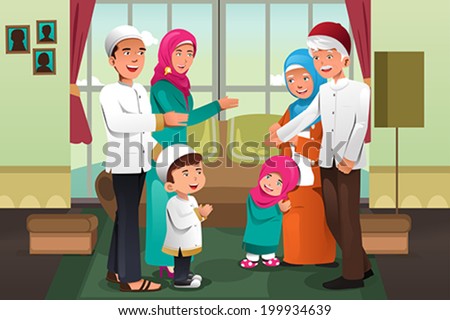 A vector illustration of Happy family celebrating Eid-al-fitr