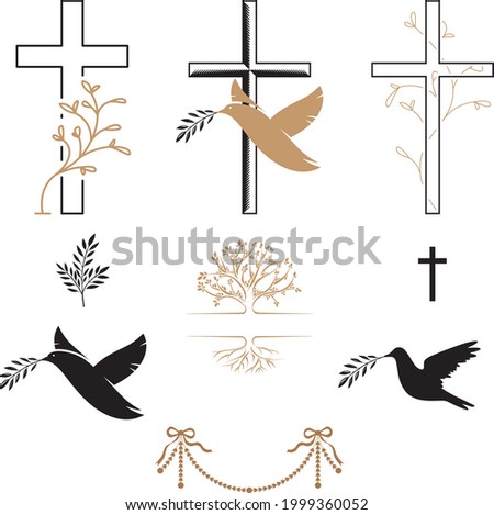 Funeral icons. Cross, dove, flower, bird. Mourning wishes, condolence. Vector illustration isolated on white background, EPS 10
