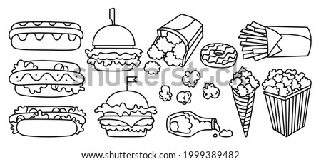 Fast food line icon set. Hot dog, hamburger, potato, nuggets ketchup and popcorn collection. Menu card delicious fast food symbols. Cheeseburger, beverage tasty unhealthy lunch. Hand drawn vector