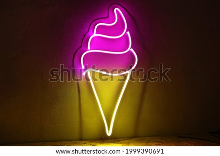 Pink and yellow neon sign ice cream. Trendy style. Neon sign. Custom neon. Summer vibe.