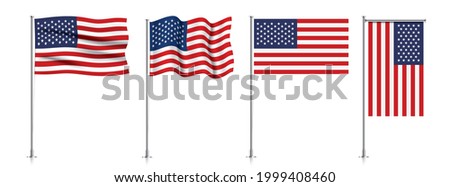 Vector set of USA flags on a metallic pole, isolated on a white background.