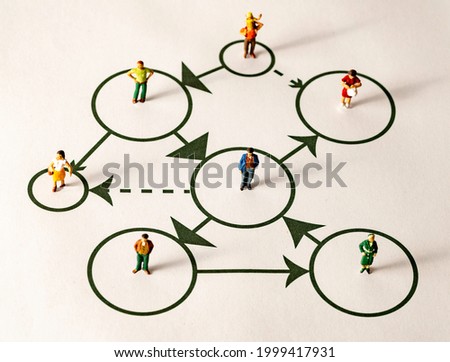 Abstract image showing a network of people connected to each other in some way.  Miniature people used for icons.