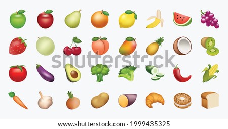 Food and beverages, fruits symbols, emojis, emoticons, stickers, icons Vegetables, cakes, vector illustration flat icons set, collection, pack Royalty-Free Stock Photo #1999435325