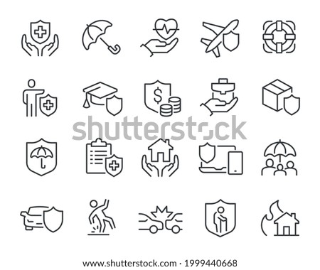 Insurance Icons Set. Such as Health Insurance, Property Insurance and Financial Risk and others. Editable vector stroke. Royalty-Free Stock Photo #1999440668