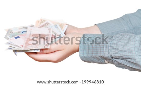 many euro banknotes in cupped palms isolated on white background