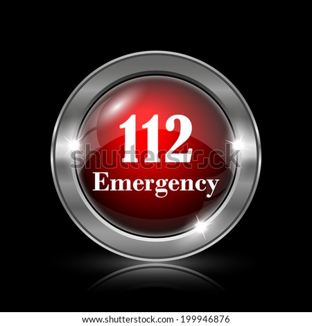 112 Emergency icon. Metallic internet button on black background. 