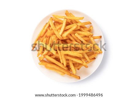 Top view Potato fries on white plate isolated on white background. Royalty-Free Stock Photo #1999486496
