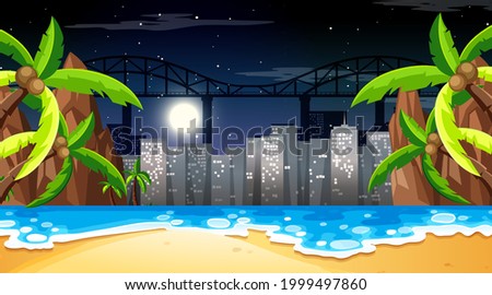 Tropical beach landscape scene with cityscape background illustration