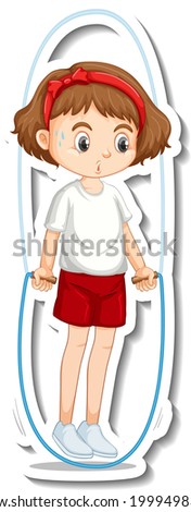 Sticker design with a girl jumping rope exercise isolated illustration