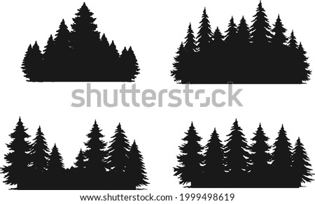 Vintage pine tree mountain silhouette set black