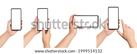 Set of Woman hands holding black smartphone with white screen isolated on white background. Royalty-Free Stock Photo #1999514132