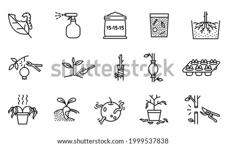 Collection of agricultural icons. Plant propagation symbols and problems. Simple design with black lines on white background.