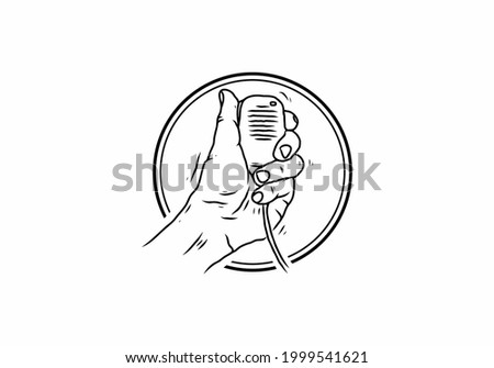 Black line art illustration drawing of hand holding radio microphone design