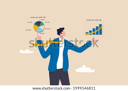 Market analysis or economy and financial statistics presentation, growth data diagram or corporate business plan concept, smart businessman present virtual analysis graph and chart oh his both hands. Royalty-Free Stock Photo #1999546811