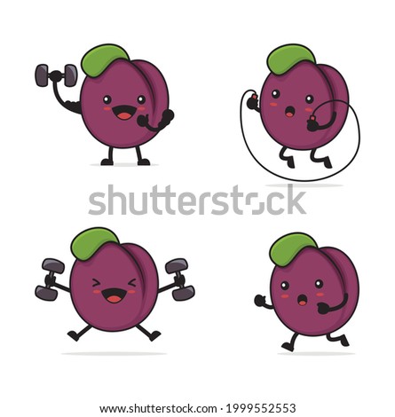 plum fruit cartoon. With fitness concept isolated on white background.