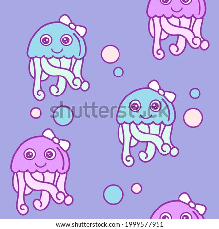 Kids jellyfish illustration. Marine seamless vector pattern
