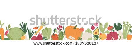 Fresh vegetables and greens border. Banner with healthy organic farm food. Natural veggies of summer and autumn seasons. Colored flat vector illustration of fall harvest isolated on white background Royalty-Free Stock Photo #1999588187