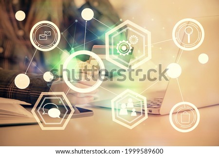 Multi exposure of woman on-line shopping holding a credit card and social network theme drawing. Relationship E-commerce concept.