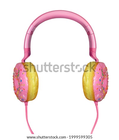 There are pink donut headphones. White background. Isolated.