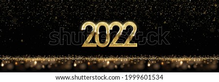 Happy New Year banner vector template. Winter holiday, Christmas congratulations. Festive postcard, luxurious greeting card concept. Gold 2022 number with golden glitter illustration with text space Royalty-Free Stock Photo #1999601534
