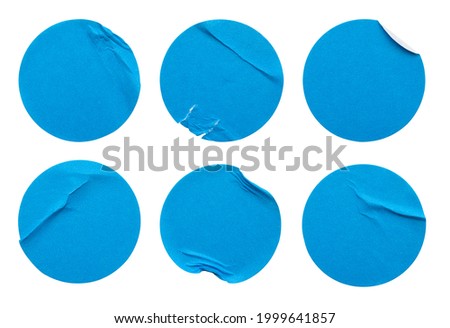 Blank blue round adhesive paper sticker label set collection isolated on white background