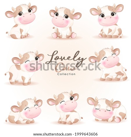 Cute doodle cow poses baby shower with watercolor illustration