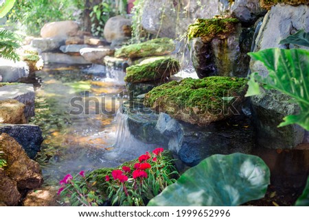 close-up natural background of waterfall On the edge of the cliff, surrounded by rocks, there are various flowers and mist floating in a blur.