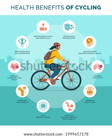 Health benefits of cycling infographic with woman riding a bicycle in the city street