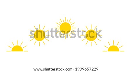 Day cycle and movement path sun icon, sunshine, sunrise or sunset. Decorative circle full and half sun and sunlight. Hot solar energy. Vector sign Royalty-Free Stock Photo #1999657229