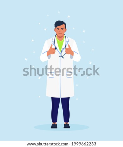Smiling doctor with stethoscope showing thumbs up. Vector illustration