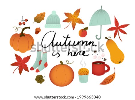 Set of autumn clip art with hand drawn lettering - Autumn is here. Pumpkins, hot chocolate, warm socks, falling leaves and umbrella