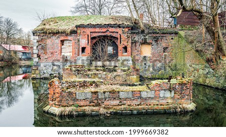 Friedland Ravelin in Kaliningrad, the moat around the old historic brick building