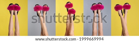 Collage with photos of women wearing stylish slippers on different color backgrounds, closeup. Banner design