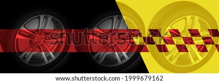 Promotion tyres banner. black, red, yelow Motosport background with aluminium wheels.