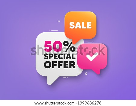 Discount 3d banner shape tags. Special offer speech bubbles. Sale coupon price tag icon. Ribbon banner with 50 percent discount offer. Sale price sticker message. Promotion dialog balloon. Vector Royalty-Free Stock Photo #1999686278